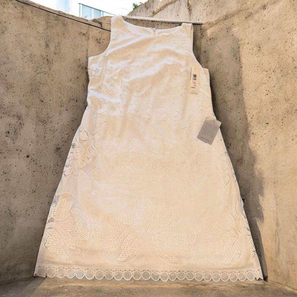 NWT Eliza J White Embroidered Lace Shift Dress Sleeveless Scalloped Hem